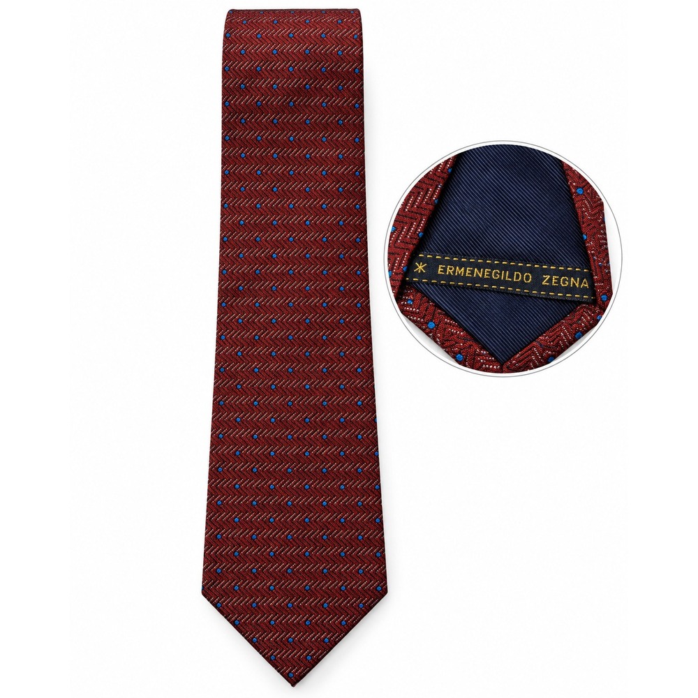 Ermenegildo Zegna Silk Tie Mens Geometric Chevron Polka Dot Red Blue Italy